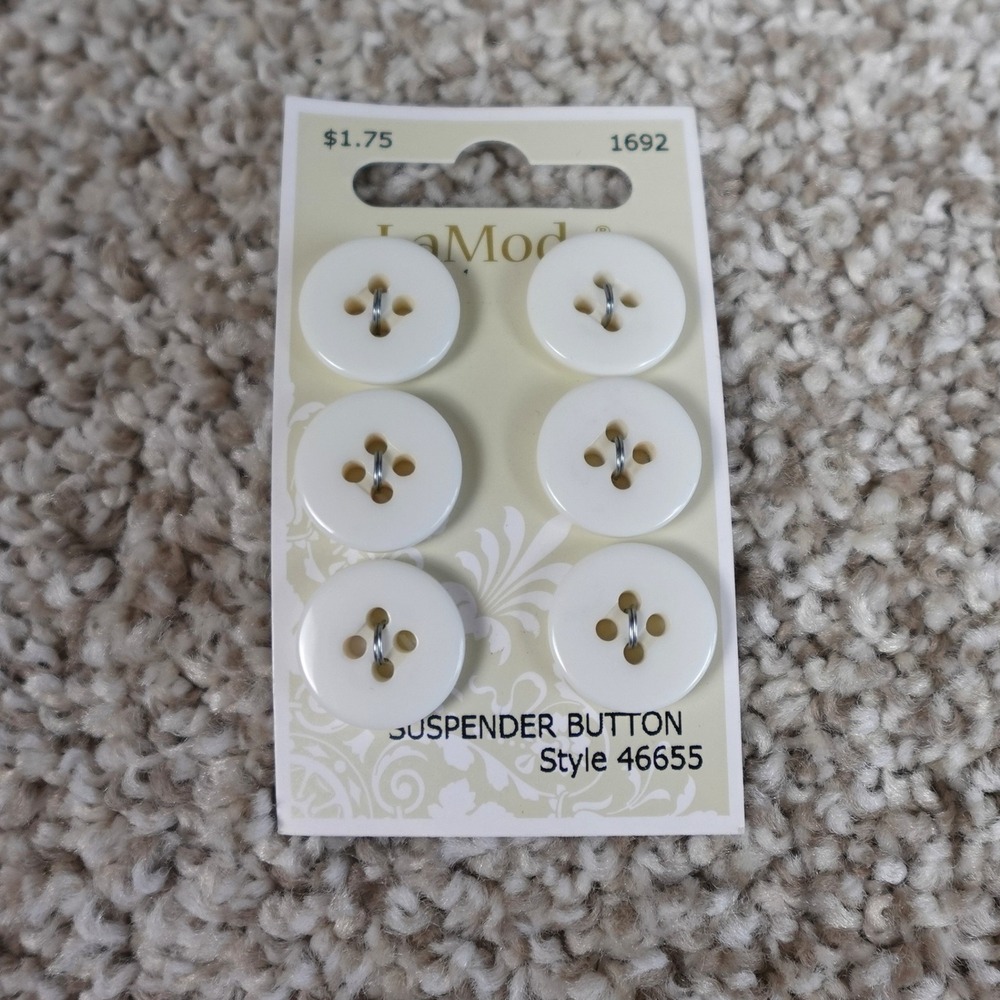 La Mode White Suspender Buttons 6 Count 3/4 Inch 19mm Style 46655 Round 4-Hole